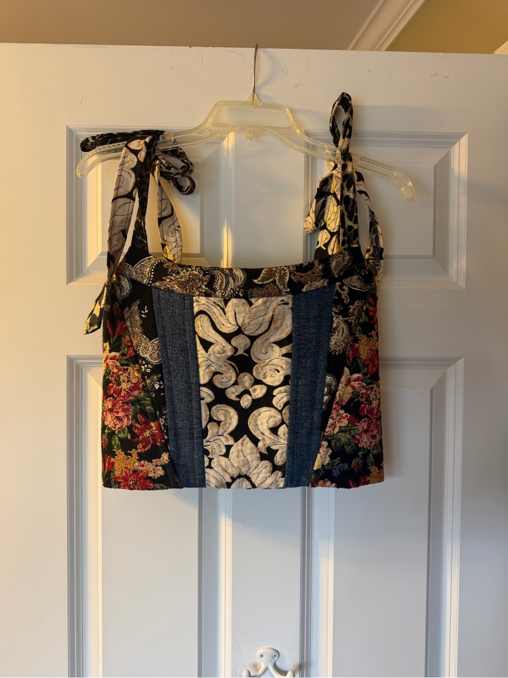 Alice + Olivia Black Patchwork Tie-Shoulder Crop Top with Multicolor Paisley